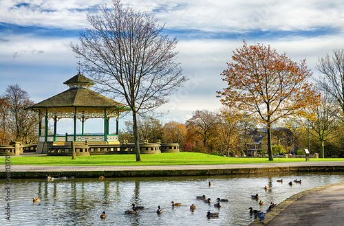 Bandstand and duck pond in Greenhead park, Huddersfield