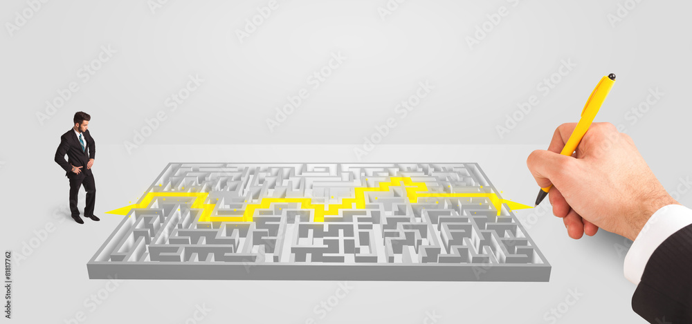 Businessman in front of a maze with solution Businessman in front of a maze with solution