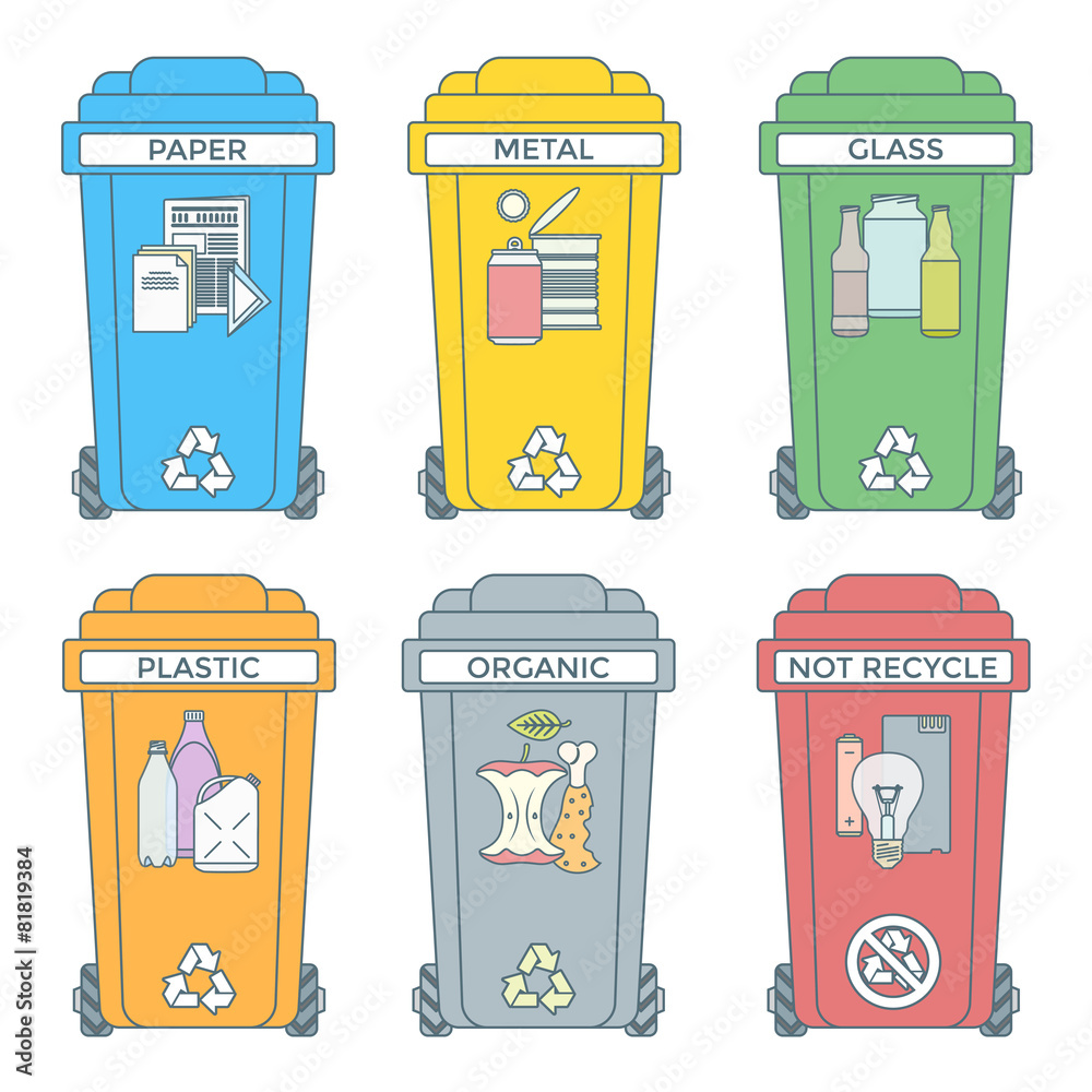 colored outline separated garbage bins icons labels . Stock ...