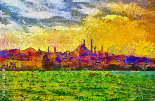 Istanbul shore view cityscape impressionist style painting © ivan604