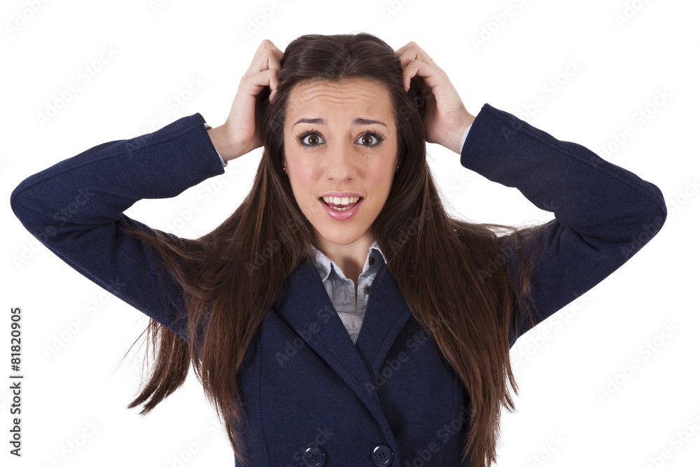 woman pulling their hairs isolated on white woman pulling their hairs isolated on white
