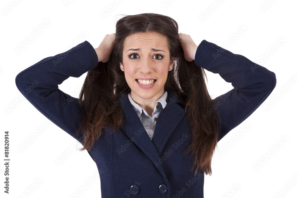 woman pulling their hairs isolated on white woman pulling their hairs isolated on white