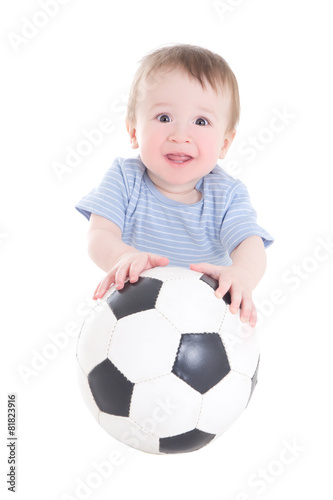 baby boy toddler with soccer ball isolated on white