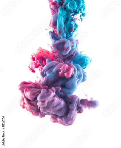 Color drop on white background. Blue and light pink liquids