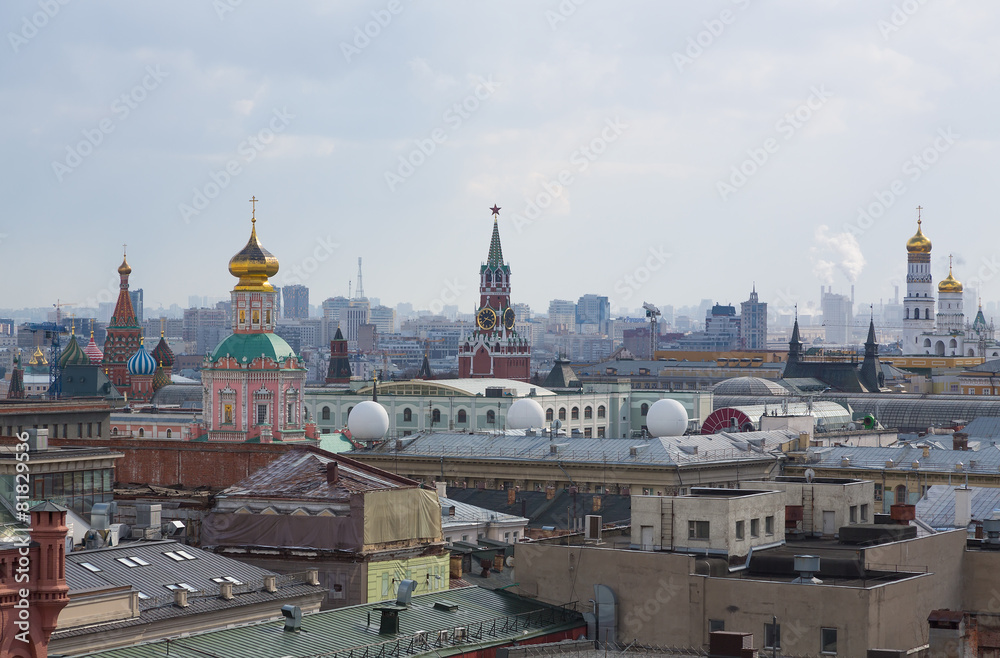 Panoramic view of the building from the roof of Moscow in cloudy