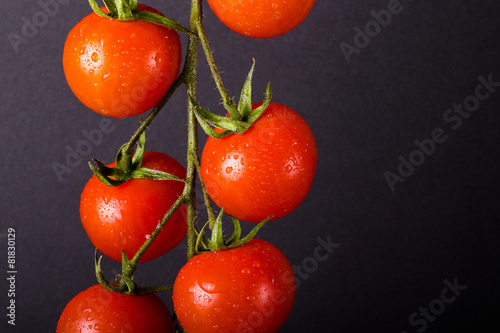 Bunch of fresh cherry tomatoes on a black background