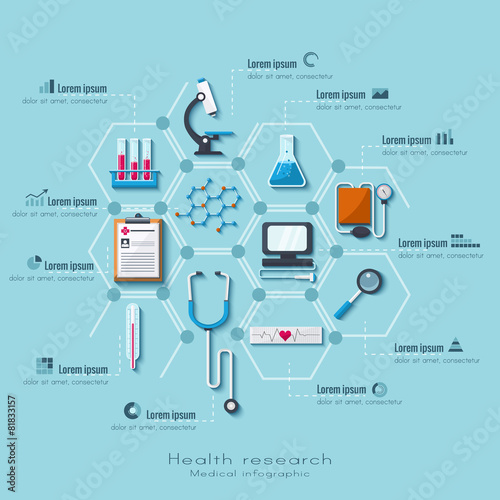 Healthcare and medical research infographic set. Flat style.