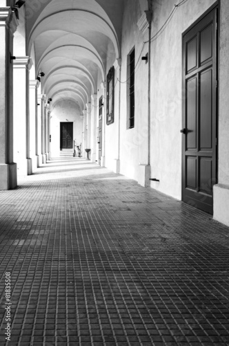 Monastery of Breme, colonnade. Black and white photo