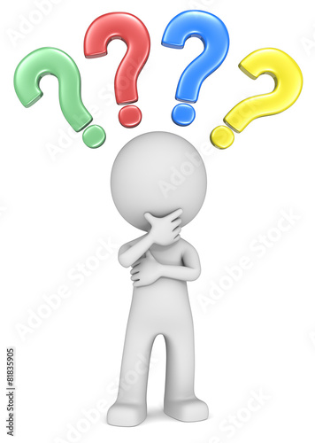 FAQ.The dude 3D character and colorful question marks.