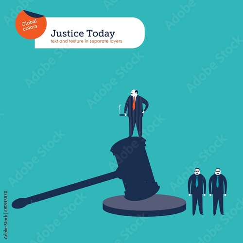 Good fella standing on a hammer of justice with bodyguards