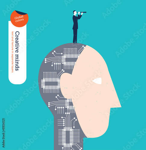 Robotic head with businessman and spyglass