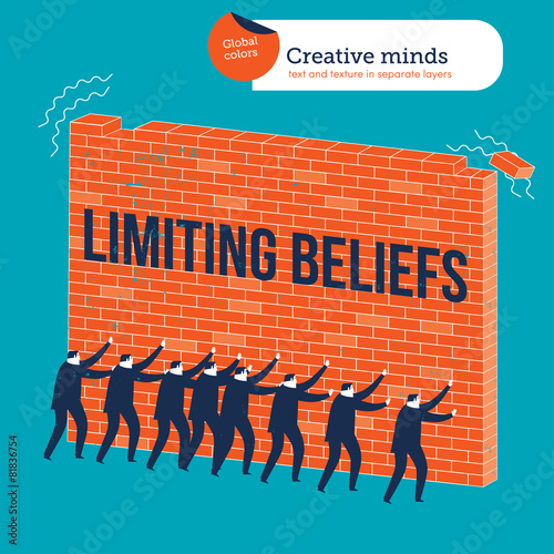 Businessmen knocking down a wall with limiting beliefs
