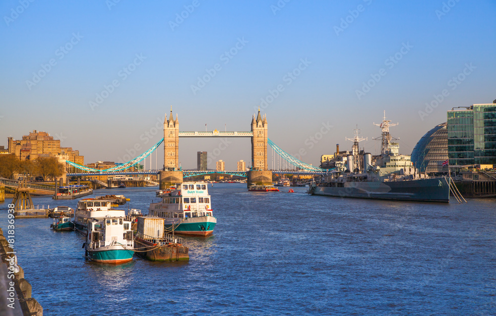 LONDON, UK - APRIL15, 2015: Tower bridge in sunset.