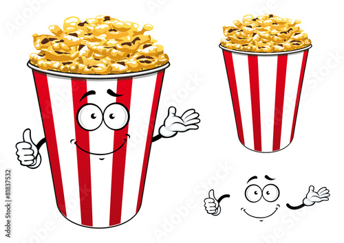 Striped red paper bucket of popcorn cartoon character