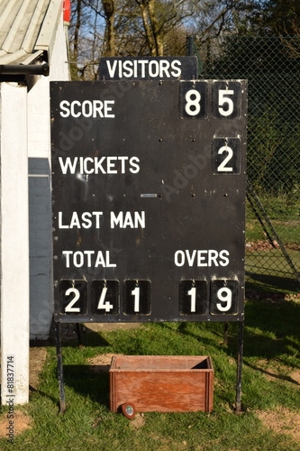 Traditional village cricket scoreboard in England