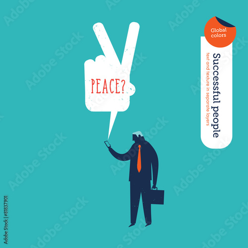 Businessman reading a message on his phone: peace?