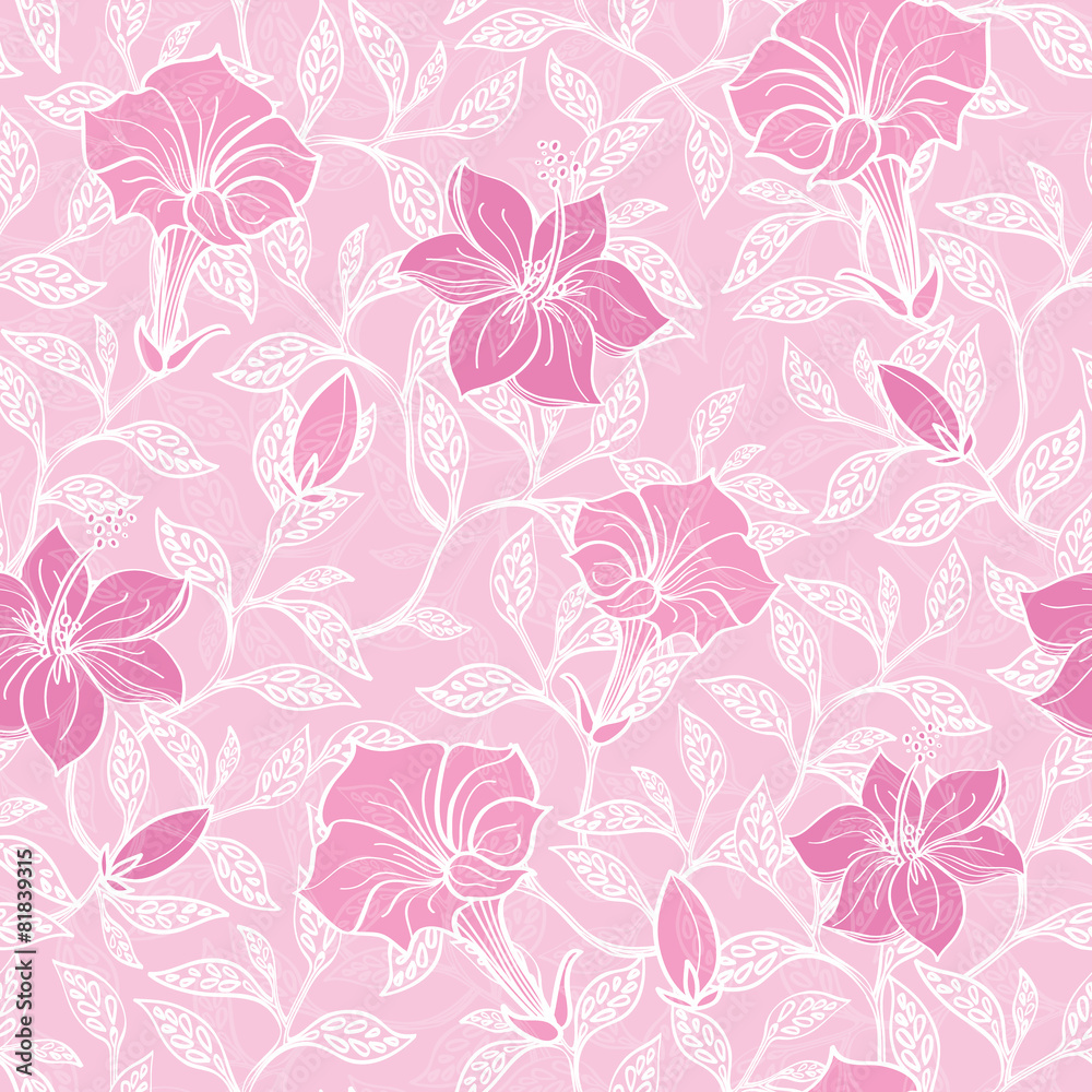 Vector soft pink lineart blossoms seamless pattern background