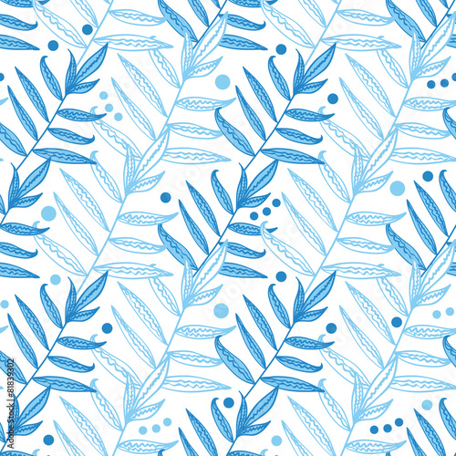 Vector blue line art leaves seamless pattern background