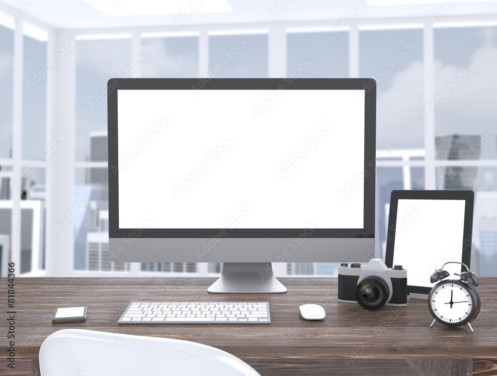 Fototapeta premium 3D illustration PC screen on table in office, Workspace