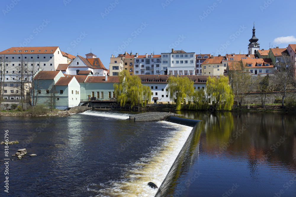 Spring medieval Town Pisek above the river Otava, Czech Republic