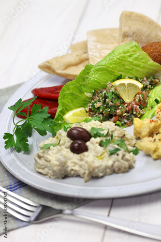 hummus, falafel, baba ghanoush, tabbouleh and pita