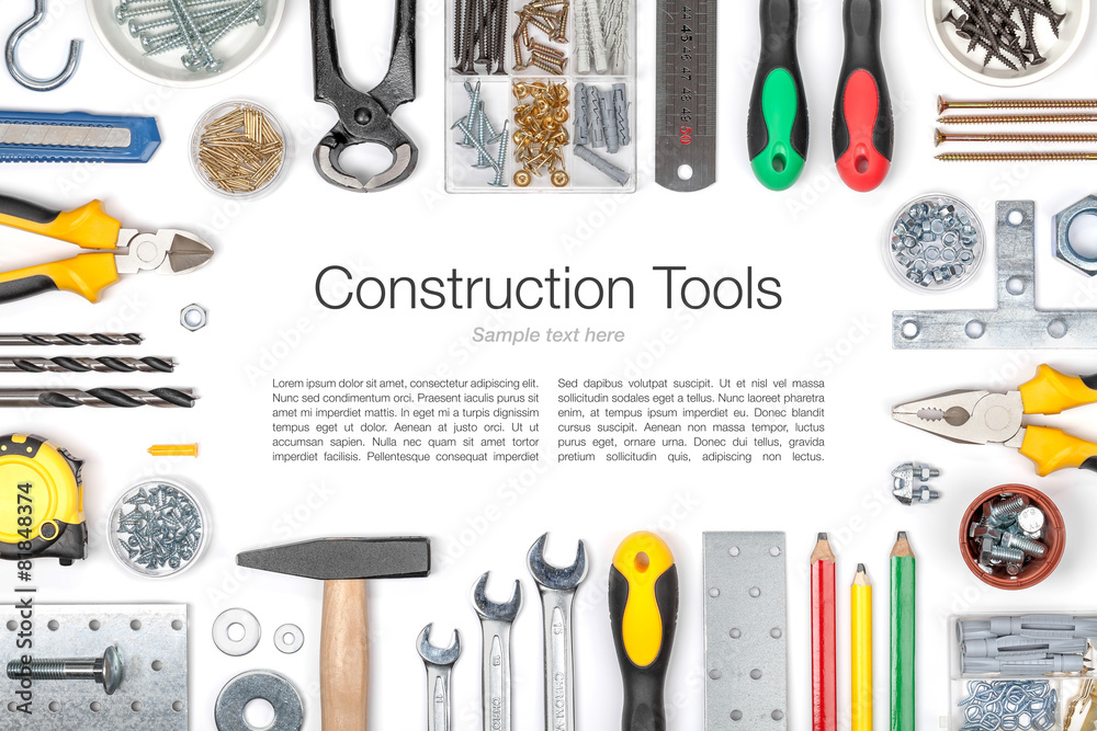 set of tools on white background top view set of tools on white background top view