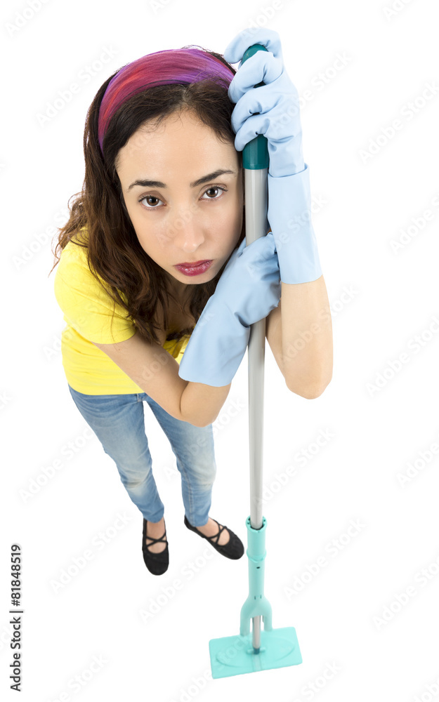 Cleaning lady exhausted and taking a break Cleaning lady exhausted and taking a break