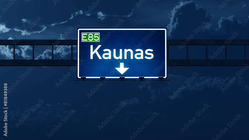 Kaunas Lithuania Highway Road Sign at Night