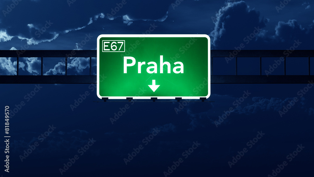 Praha Czech Republic Highway Road Sign at Night