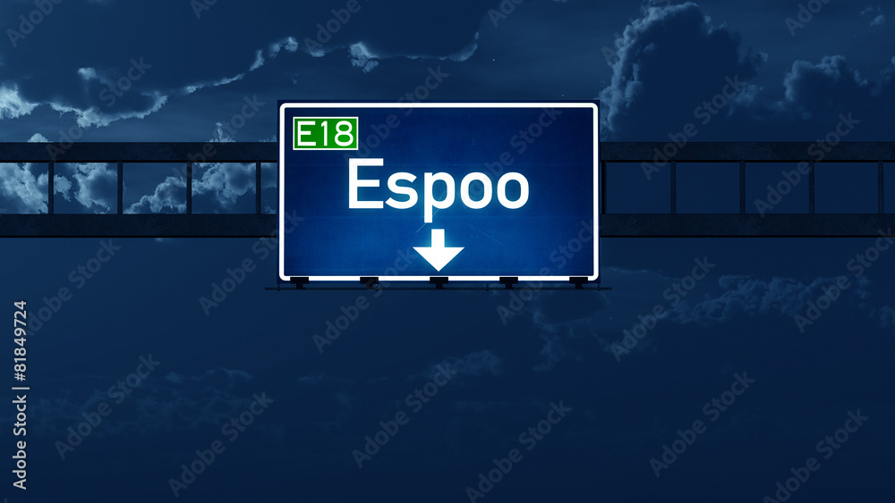 Espoo Finland Highway Road Sign at Night