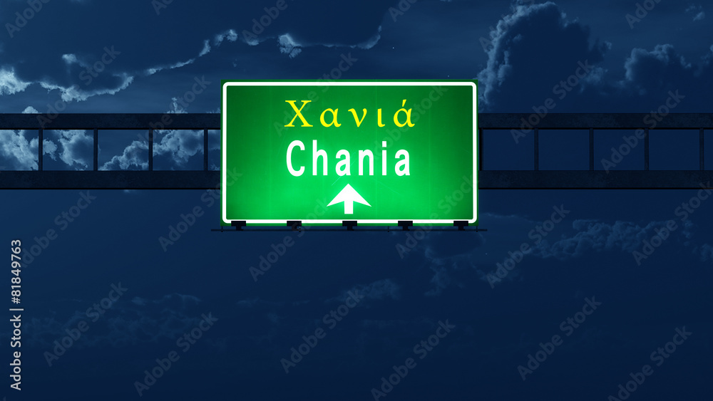 Chania Greece Highway Road Sign at Night