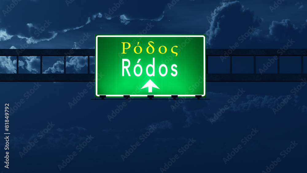 Rhodes Greece Highway Road Sign at Night