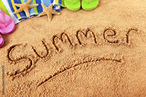 Summer beach writing in sand word written for vacation holiday photo