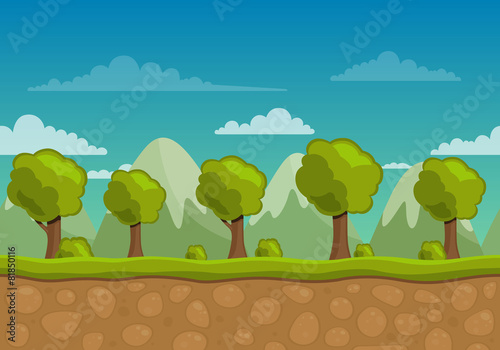 Vector Unending Landscape Background with Trees and Mountains