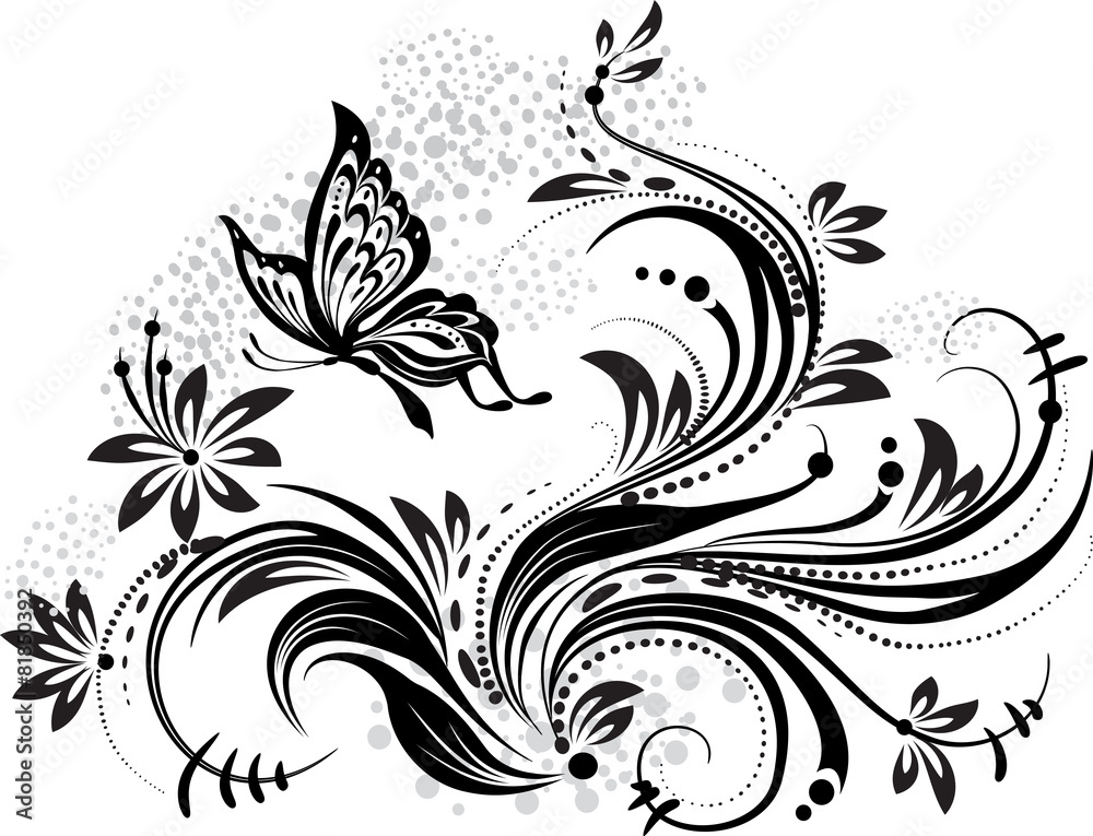Floral design element and butterfly Floral design element and butterfly