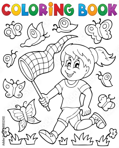 Coloring book girl chasing butterflies