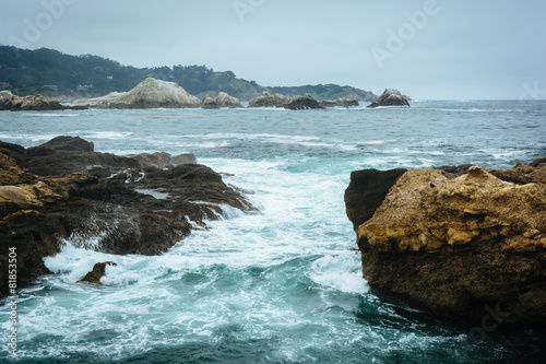 View of rocks and waves in the Pacific Ocean at Point Lobos Stat