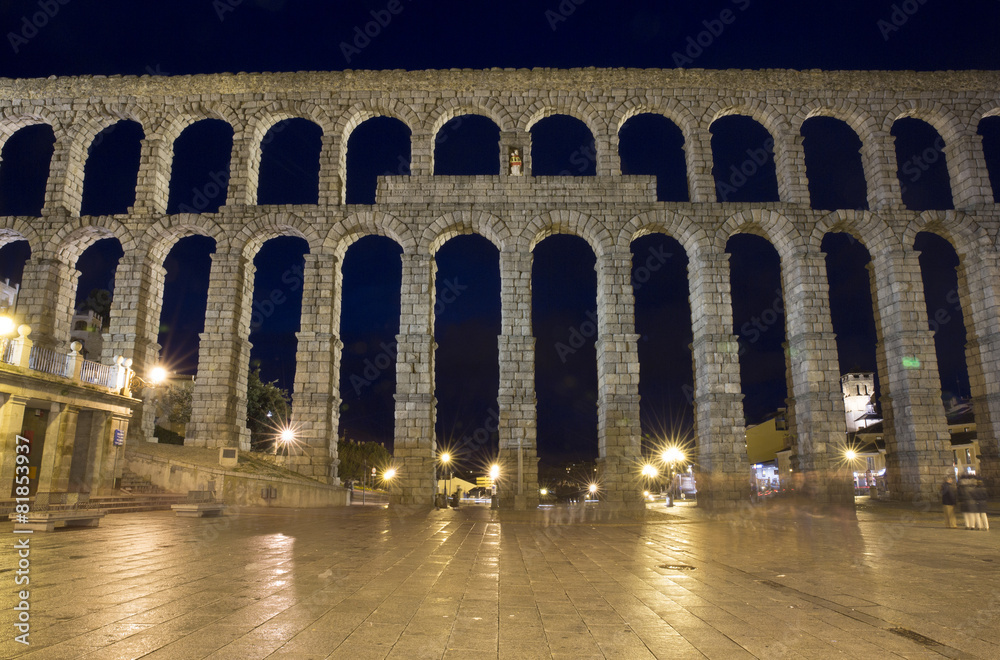 View of main square and roman aqueduct Segovia Spain