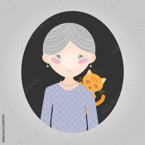Cat lover character. Vector old lady personage for site.