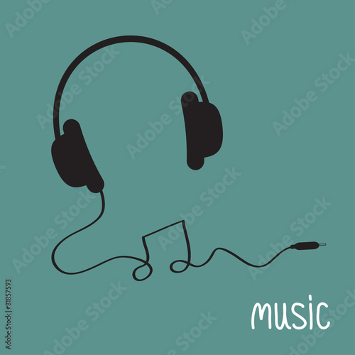 Black headphones with cord in shape of note Music background 