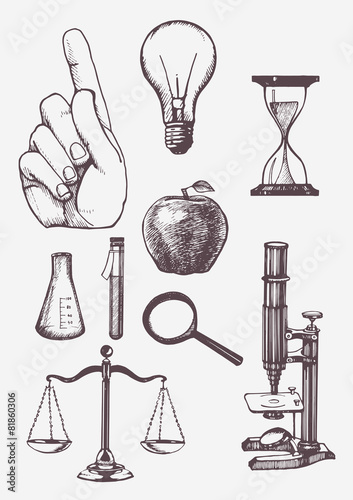 Set of hand drawn science objects. Vectorial isolated elements.