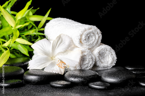 spa concept of white hibiscus flower, bamboo and towels on zen b