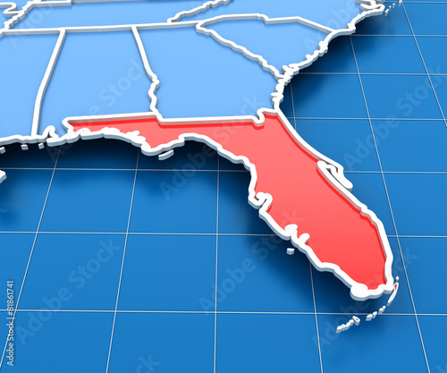 3d render of USA map with Florida state highlighted