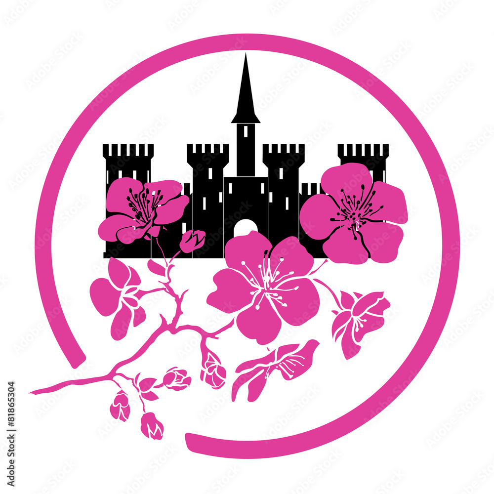 twig sakura blossoms and castle. Logo