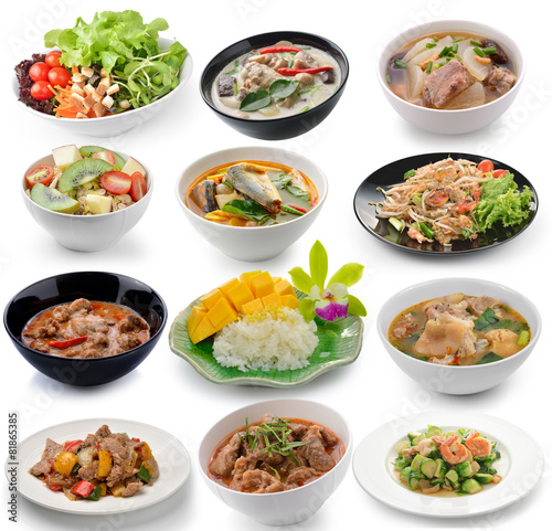 set of thai food on white background