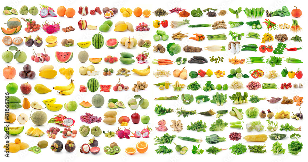 set of vegetable and fruit on white background - obrazy, fototapety, plakaty 