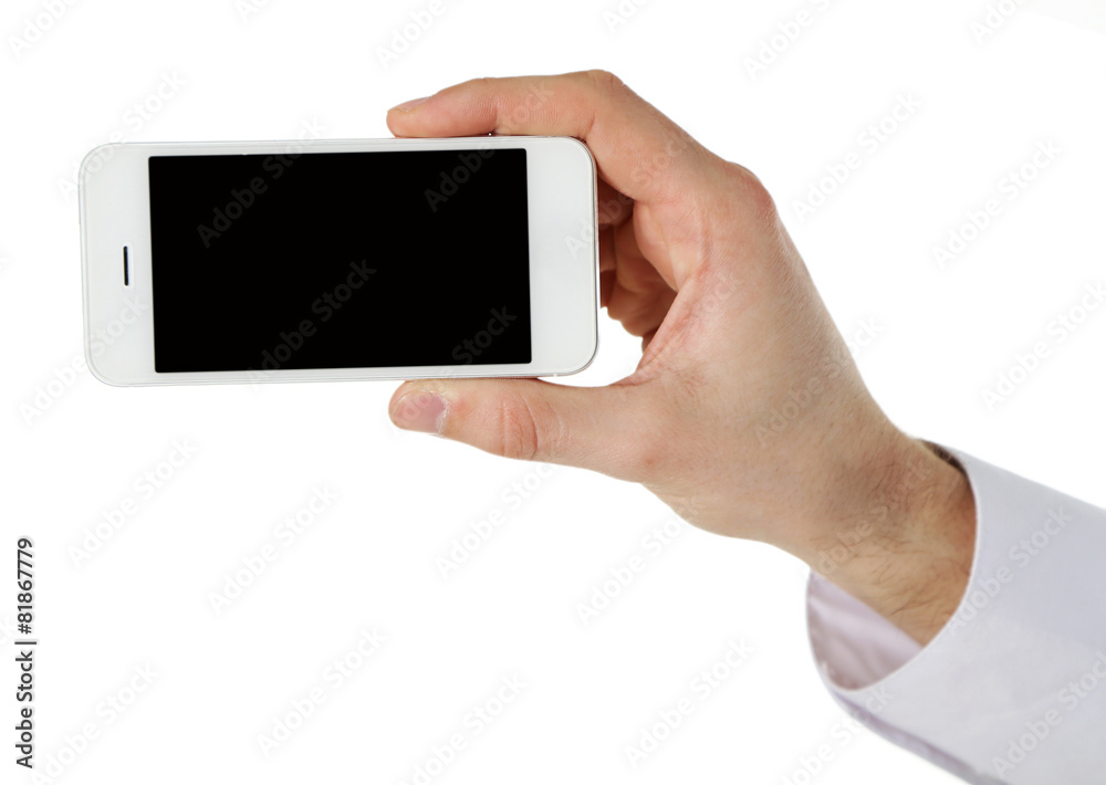 Hand holding mobile smart phone isolated on white Hand holding mobile smart phone isolated on white