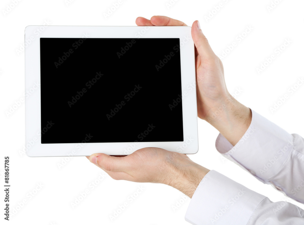 Male hands holding digital tablet isolated on white Male hands holding digital tablet isolated on white