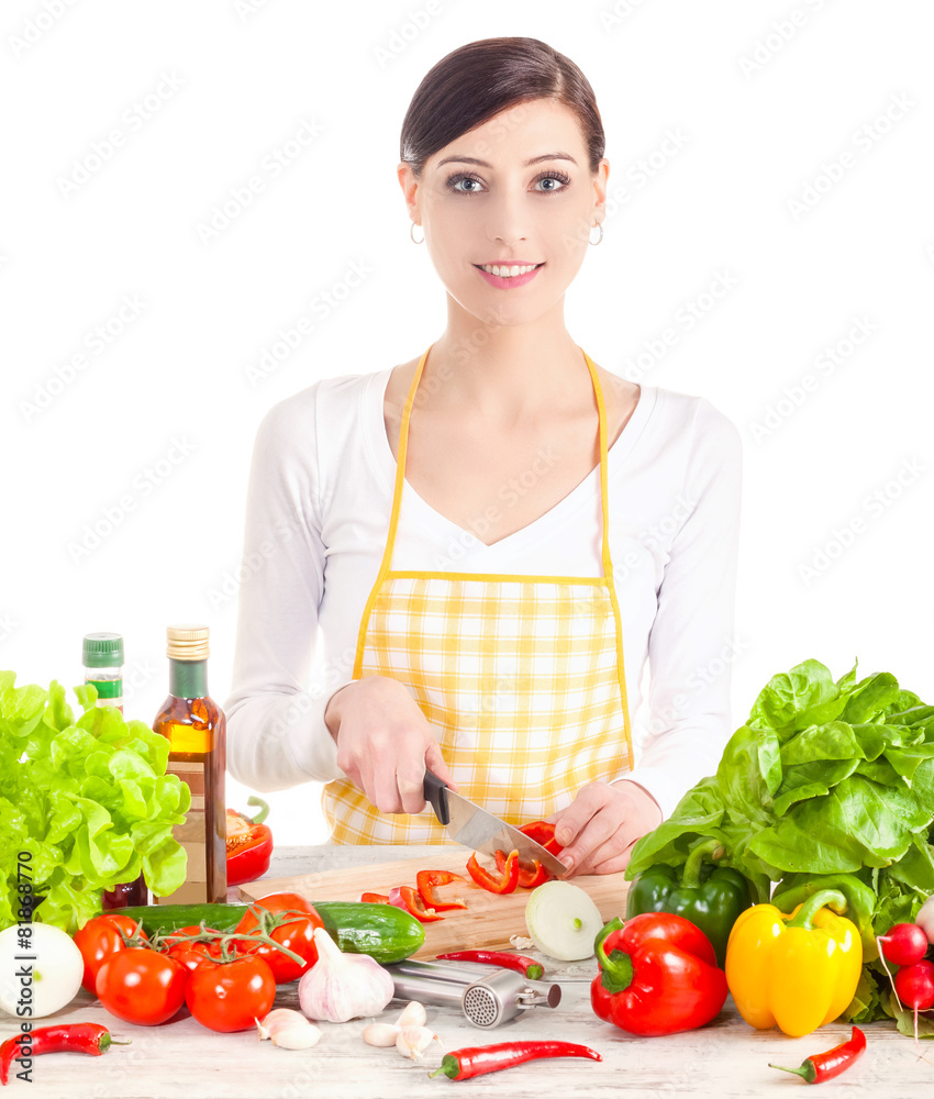 Smiling woman preparing salad, healthy food and diet concept. Smiling woman preparing salad, healthy food and diet concept.