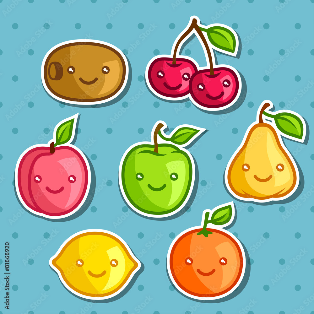 Set of cute kawaii smiling fruits stickers Set of cute kawaii smiling fruits stickers